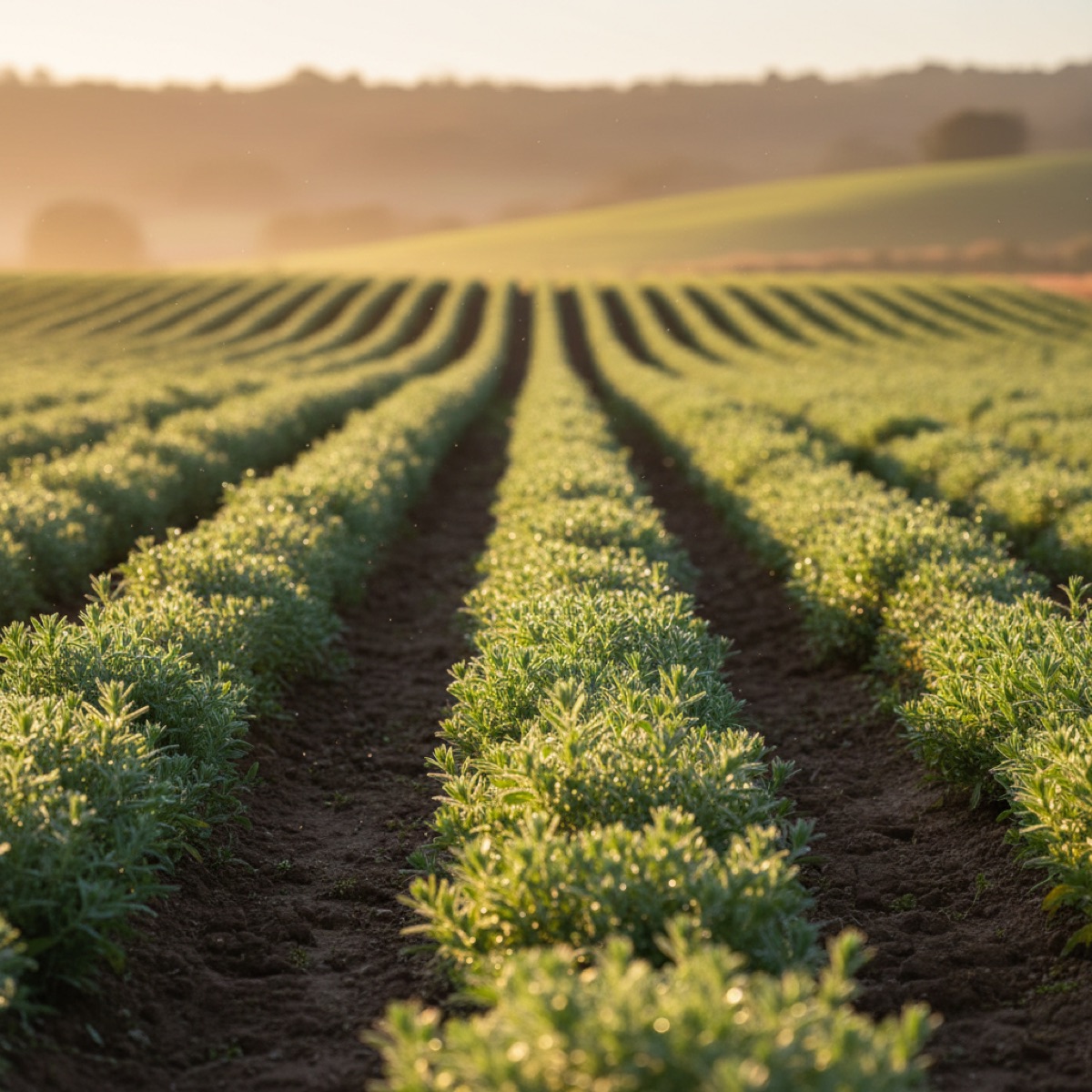 Rows of aromatic crop at first light